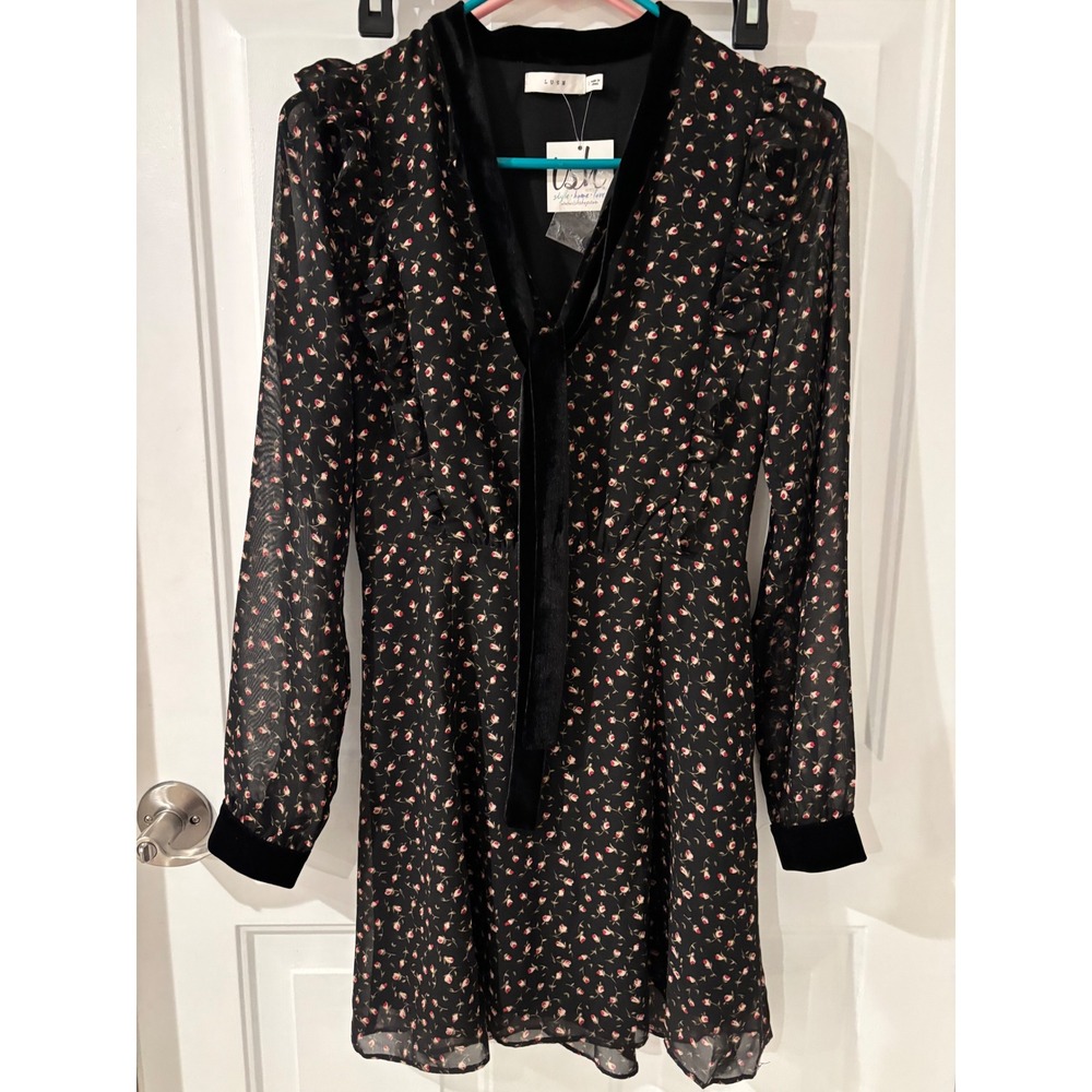 LUSH Black‎ Floral Velvet Trim Long Sheer Sleeve Mini Dress Size S Party